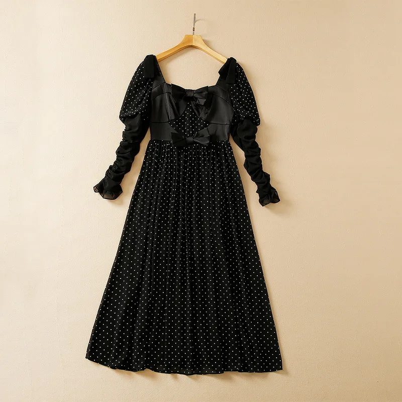 

Women's Summer 2022 New Long Sleeve Bow Tie Square Collar Polka Dot Printing Fashion Pleated Dress Summer Dress