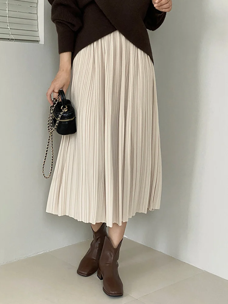 

Женская юбка с высокой эластичной талией, Повседневная однотонная Свободная юбка со складками, модель H272 в Корейском стиле на весну, 2023