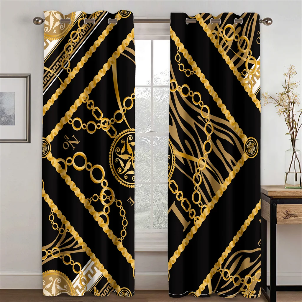 

Cheap Modern Luxury Brand Black Gold 2Pieces Polyester Darkening Shading Window Curtain for Living Room Bedroom Home Decor Hook