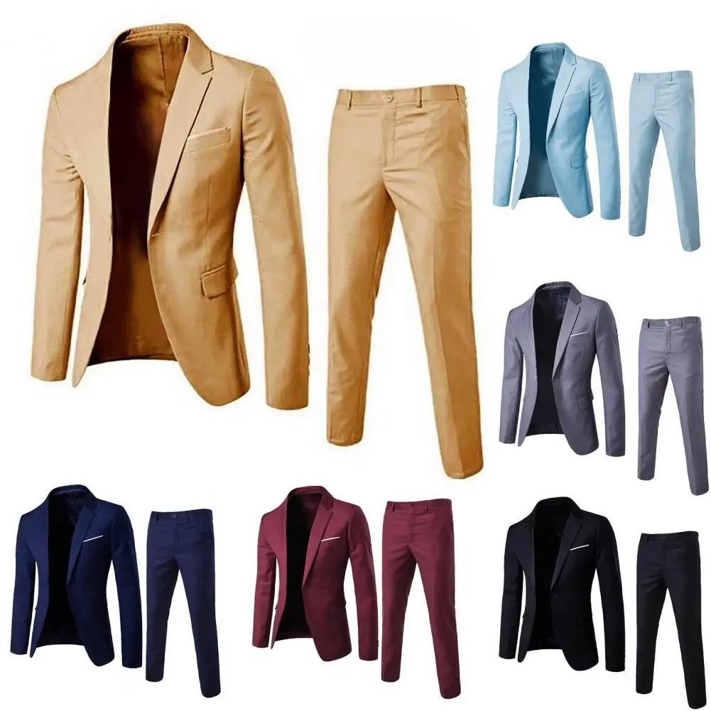 Mens Suit 1 Set Men Blazer Pants Solid Color Long Sleeve Slim Fit Turndown Collar Temperament One Button Pockets Suit Set Men Clothes
