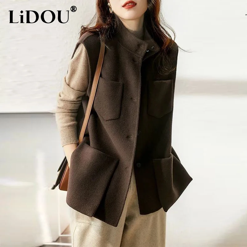

Autumn Winter Vintage Stand Collar Woolen Vest Coat Ladies Sleeveless Chic Pockets All-match Tank Top Women Loose Casual Jacket
