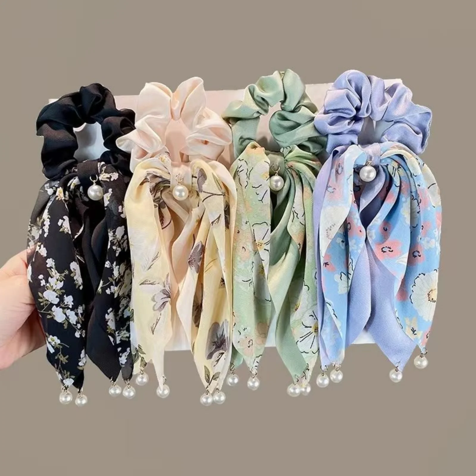 1PC　Floral Print Satin Hair Scrunchies with Ribbon & Pearl Accents, Elegant Hair Ties for Women, Charming Hair Accessories Set