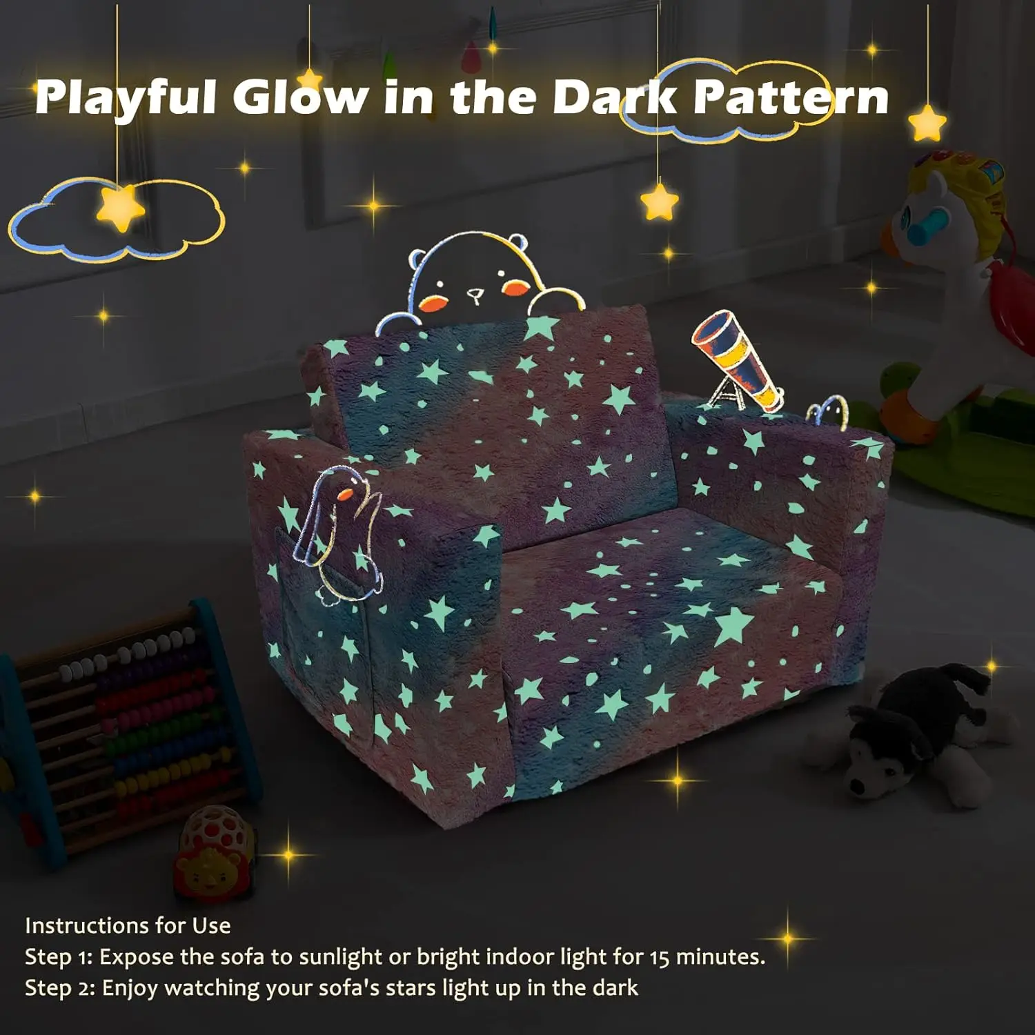 Foldable Kids Sofa, Glow-in-The-Dark Kids Couch Chair, 2-in-1 Convertible Child Recliner Foldable Children Couch Bed