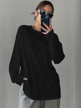 Women Basic Long Sleeve Loose O-neck T-shirt Autumn Winter Solid Color Tee Top Streetwear 1