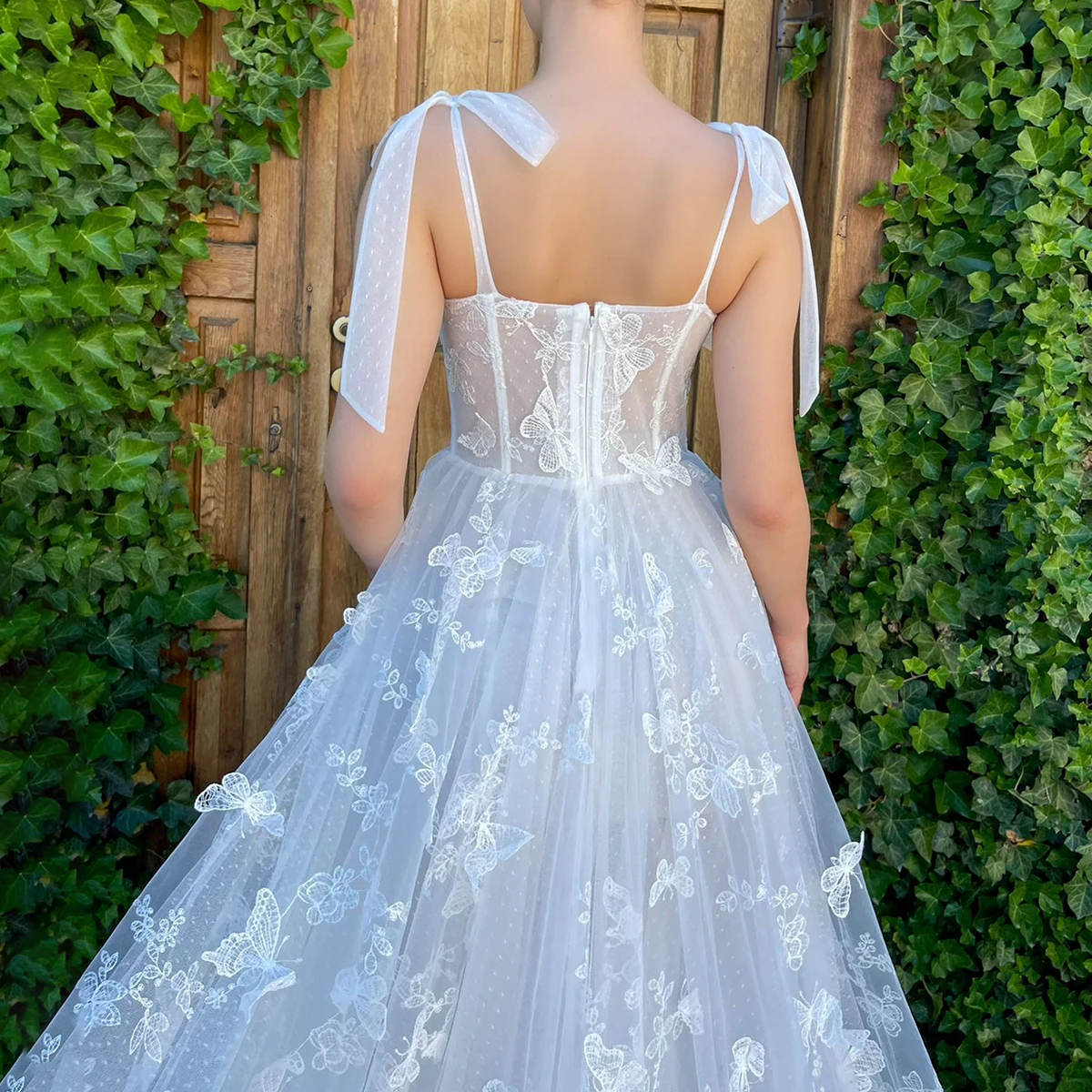 A Line Sweetheart Wedding Gowns Customized Low Cut Sleeveless Butterfly  Lace Bow Straps High Split Fairy Romantic Bridal Dress - AliExpress 320