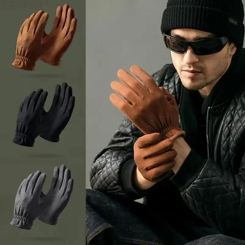 Suede Warm Gloves Cycling Winter Gloves Motorcycle Men Brushed Anti Slip Glove Touchable Screen Thermal Gloves Wear-resistant 3