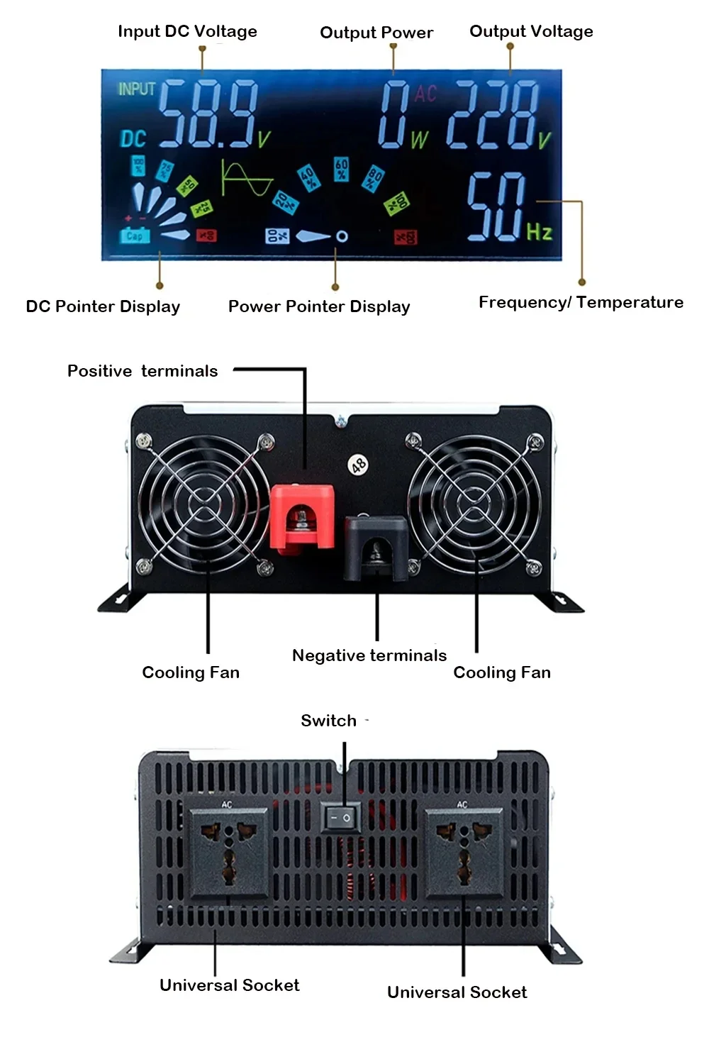 순수 사인파 인버터 800W/1300W 12V에서 110V 전력 변환기(LCD 디스플레이 포함) 미국식 소켓 차량용 RV 캠핑용