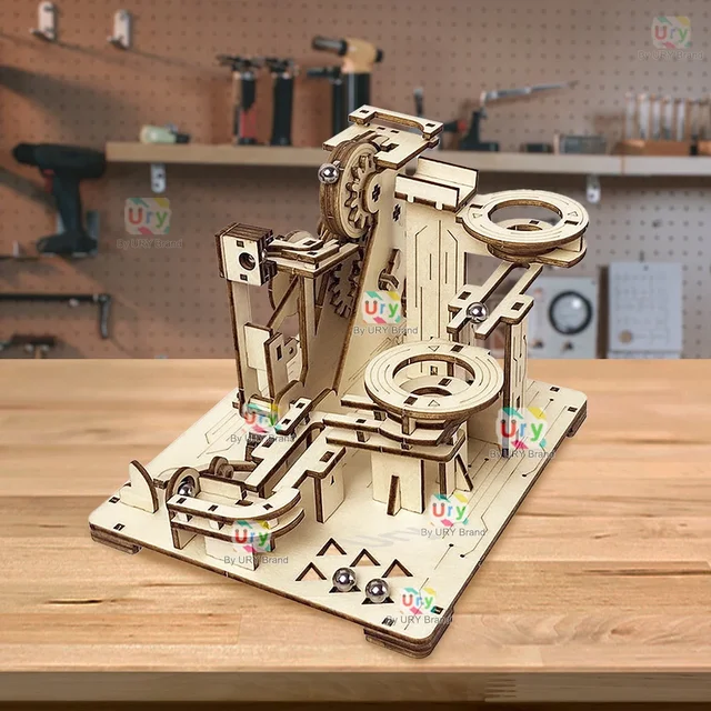 Ury 3D Wooden Puzzles Catapult Track Device Marble Run Set Mechanical Manual Model Science Maze Ball Assembly Toy Gift for Boys 6