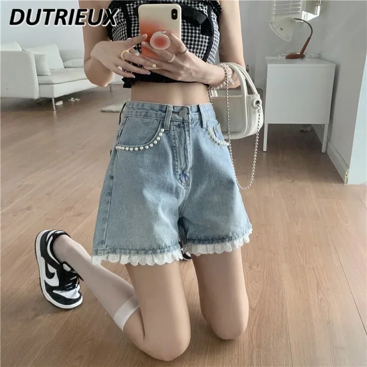Design Sense Niche Stitching Lace Ruffled High Waist Denim Shorts Women's Summer 2024 New Loose Sweet Wide Leg Short Pants
