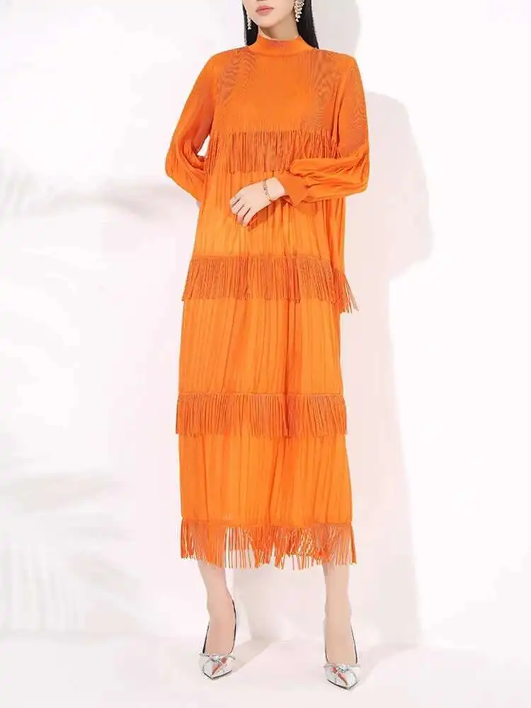LANMREM Elegant Party Pleated Long Dress For Women Stand Collar Tassel Design Solid Color Dresses 2025 Spring New 2VV2054 - Image 6