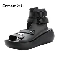 Sandales de gladiateur en cuir rétro pour femmes, chaussures à talons mi-hauts, plateforme, Rome, été, 2024 5