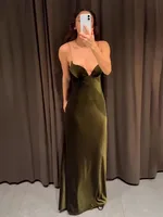 HH 2025 Women Red V-Neck Holiday Style Satin Texture Long Dress Sleeveless Summer Women's Back Zipper Fashion Sling Dresses - Image 6