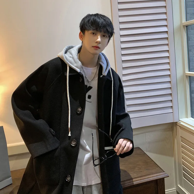 Korean Style Medium To Long Woolen Coat for Men Autumn Winter Loose Fake Two Pieces Hooded Windbreaker Jackets Y2k Men Clothing