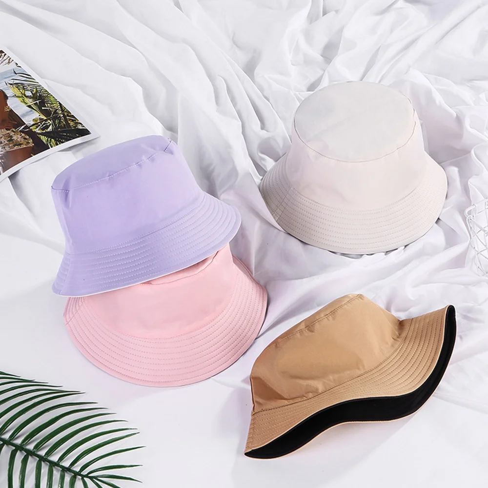 Foldable Cotton Bucket Hats Unisex Double-sided Wearing Women Summer Sunscreen Panama Hat Men Pure Color Outdoor Fisherman Cap 6