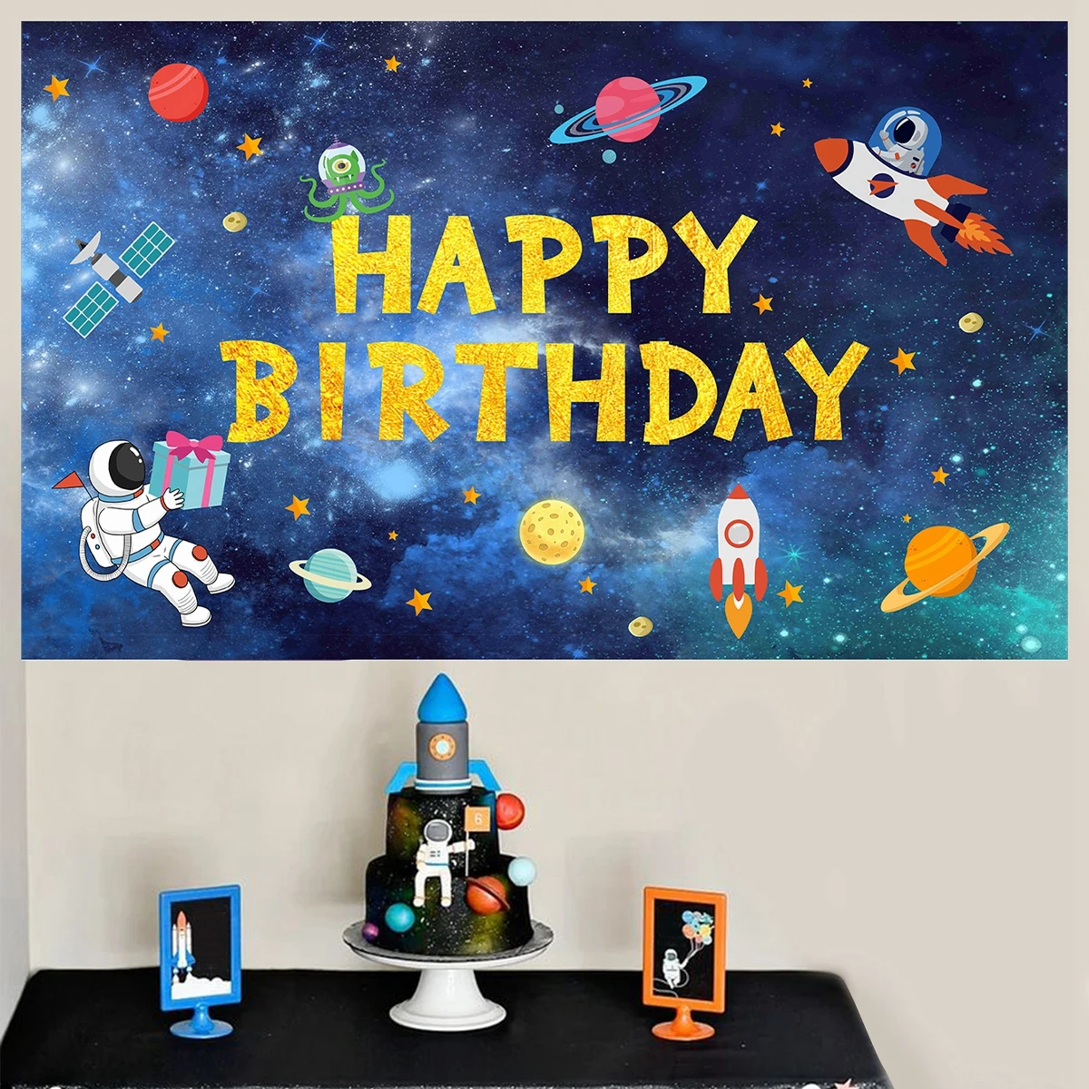 Universe Space Background Cloth Planet Spacecraft Astronaut Backdrop Baby Boy Birthday Party Decor Starry Sky Backdr
