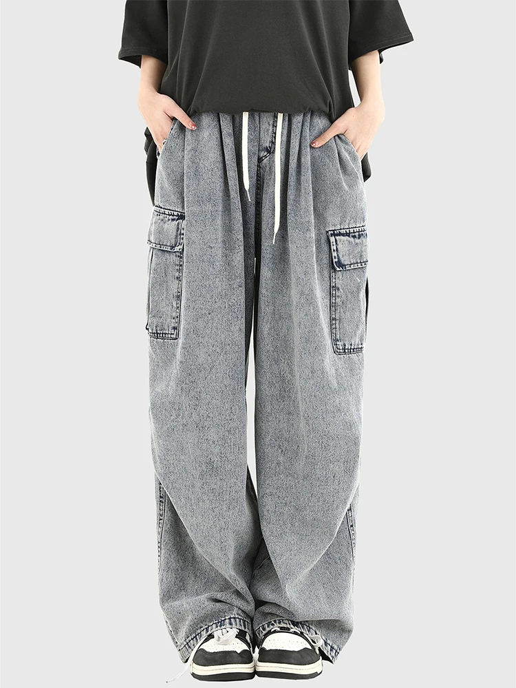 

Women Elastic High Waist Retro Wash Light Grey Jean Trousers 2023 New Multi-pocket Tie Up Denim Pants Female Wide Leg Cozy Chic