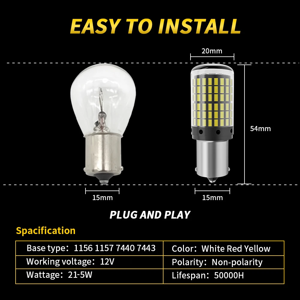 LED car bulbs 2pcs P21W BA15S BAU15S PY21W 1157 BAY15D P21/5W Canbus 3014 144SMD for auto reverse turn signal lamps