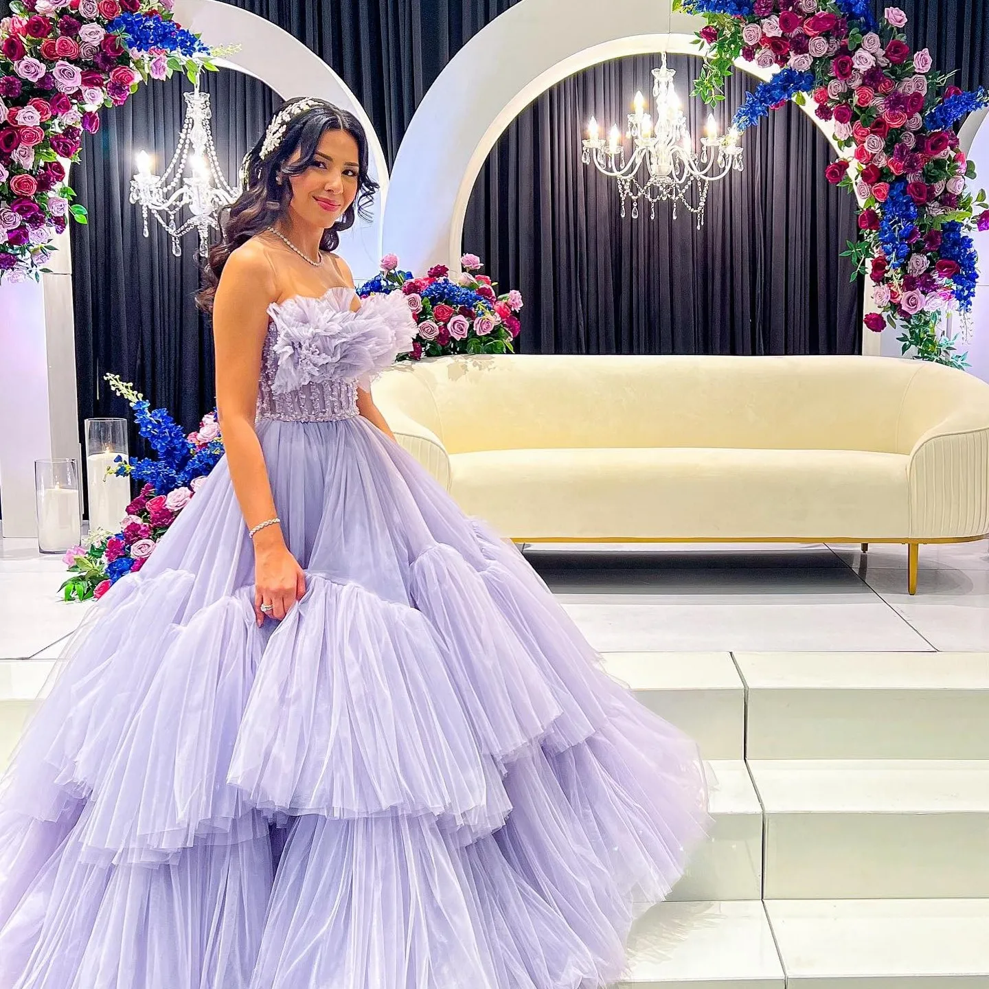 

Princess Lavender Tulle Long Maxi Gowns Shimmery Beaded Puffy Tutu Tulle Bridal Dresses Strapless Lace Up Formal Party Dress