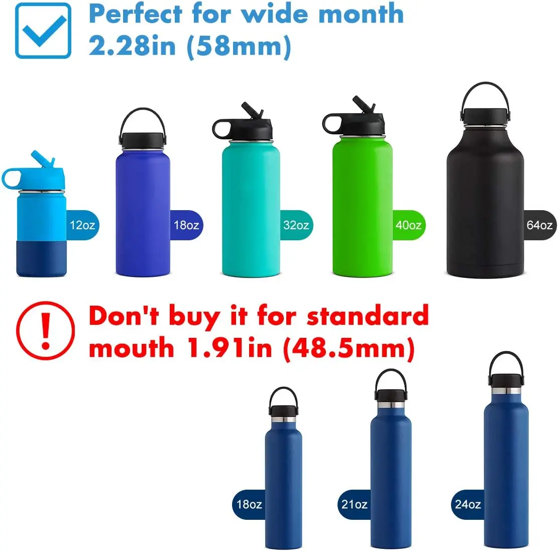 Straw Lid for Hydro Flask Standard Mouth Water Bottle. New and Improved  Design Replacement Cap for 1.91 Mouth Insulated Water Bottle 12 oz, 18 oz,  21