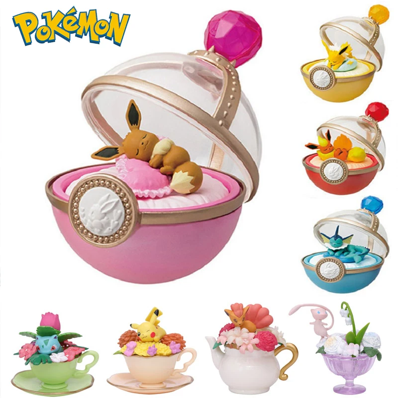 

Pokemon Pikachu Eeveelution Vulpix Model Doll Teacup Sprite Ornament Anime Action Figure Peripheral PokeBall Children Toys Gifts