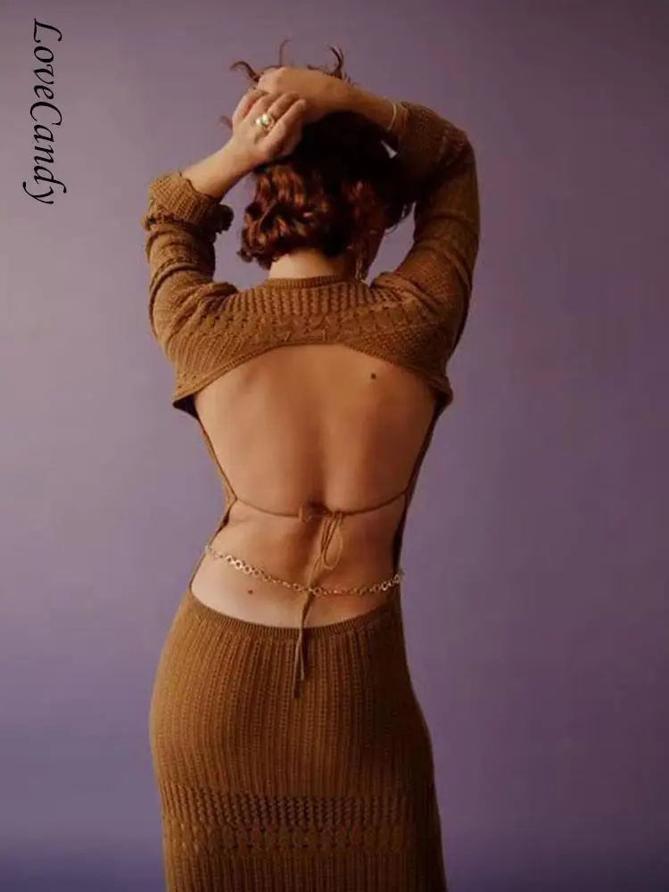 

Женское ажурное вязаное длинное платье с открытой спиной, однотонное трикотажное платье с О-образным вырезом и высокой талией, на шнуровке, облегающие уличные платья, лето 2023