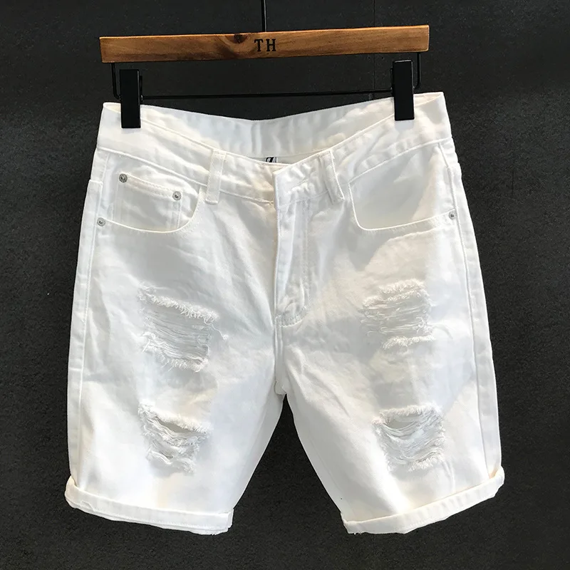 2023 Hong Kong Version of Everything Street Tide White Ripped Denim Shorts Men's Casual Trend Summer Scraped Five Points Pants