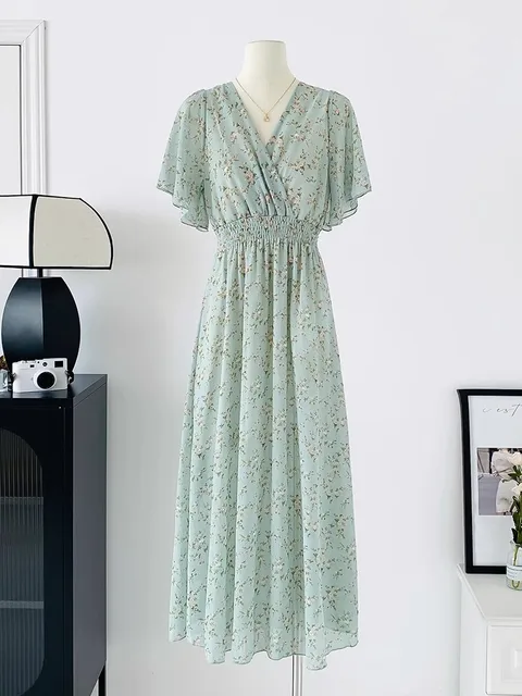 2026 Summer Women Ruffled Short-sleeved Chiffon Dress V-neck High Waist Floral Print Beach Midi Dresses Backless Sexy Vestidos