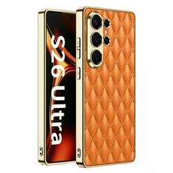 Ultra - Thin Electroplated Gold Border Frosted Leather Pattern Case with Diamond Grid Design - Galaxy S26 Ultra (Orange)