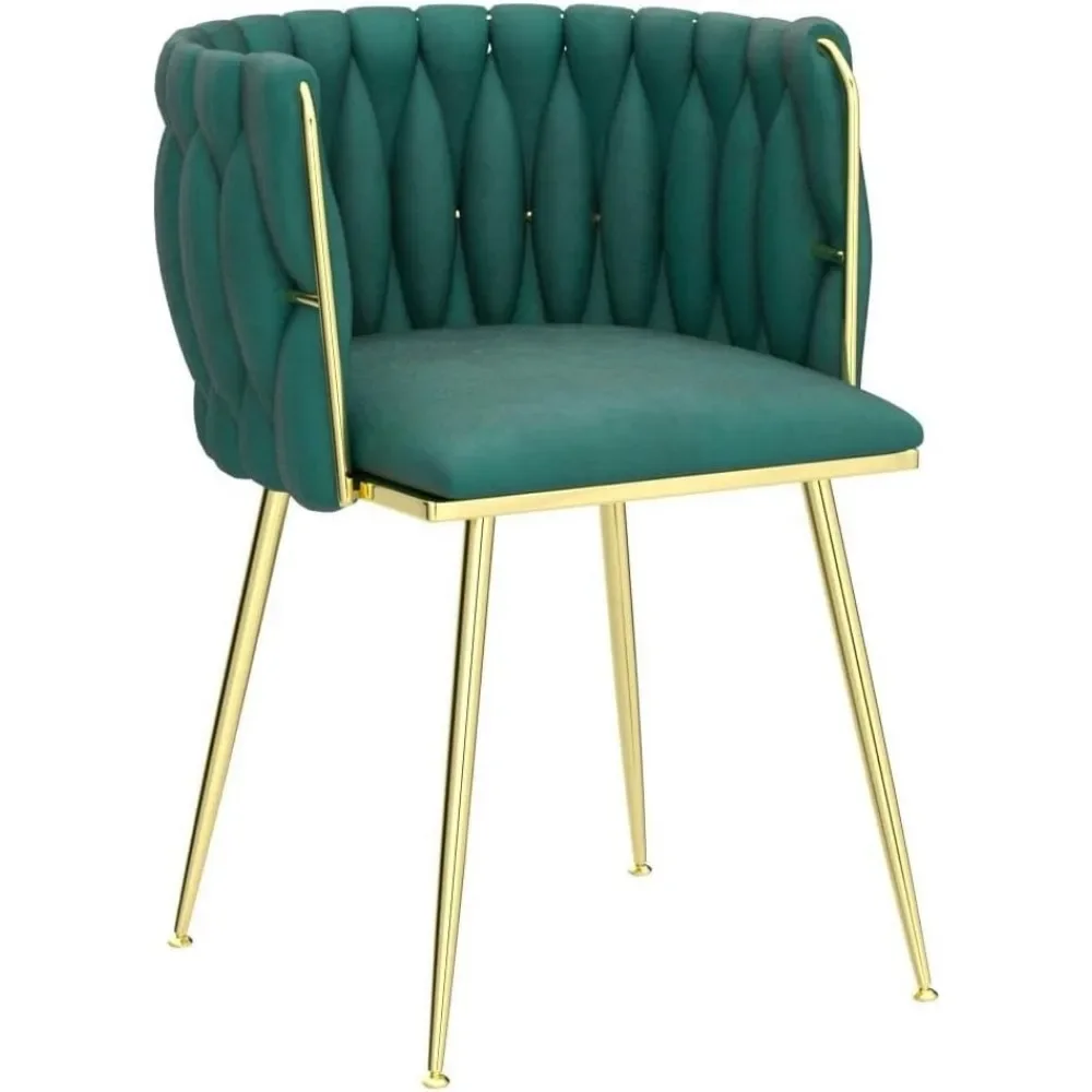 Modern Velvet Dining Chairs Hand Weaving Accent Chairs Living Room Chairs Upholstered Side Chair with Golden Metal Legs 4