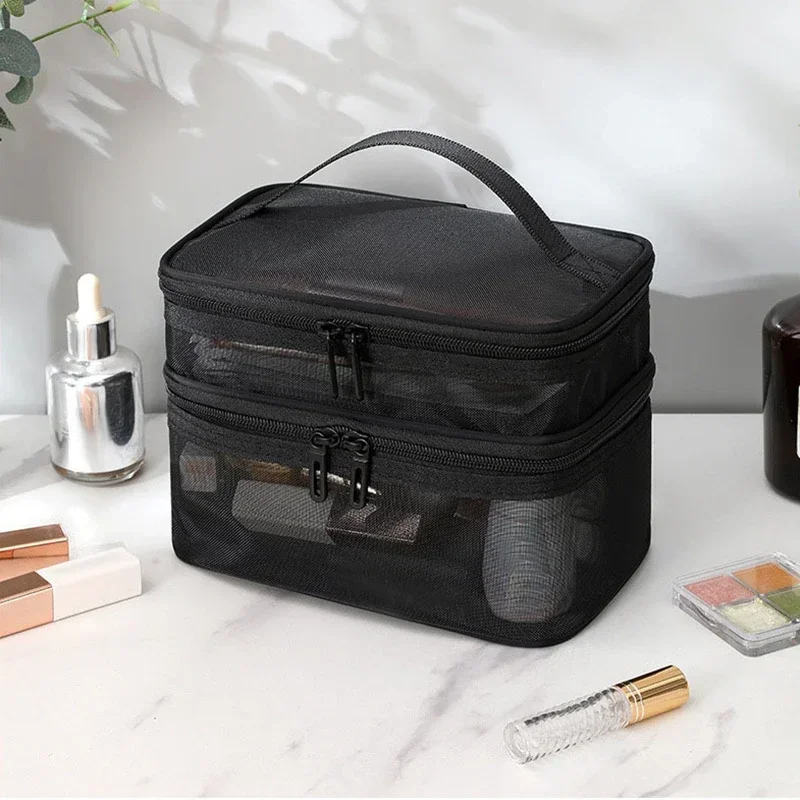 Portable Double Layer Mesh Cosmetic Bag Women Pink Make Up Case Big Capacity Travel Zipper Makeup Organizer Toiletry Storage Box 5