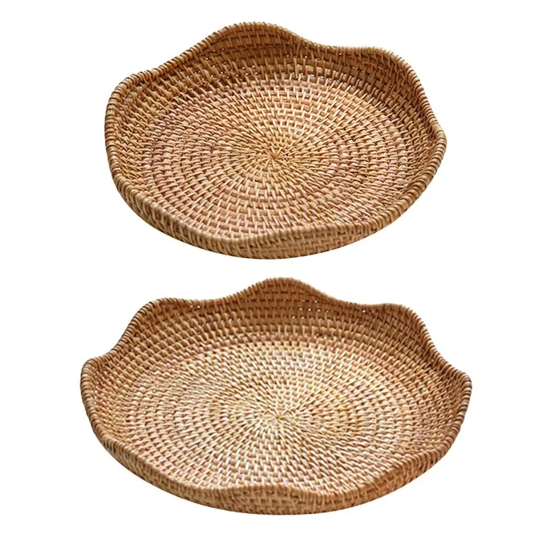 Handwoven Rattan Storage Basket Fruit Picnic Basket Cake Wicker Tray Food Bread Plate Snack Box Sundries Container Kitchen Decor