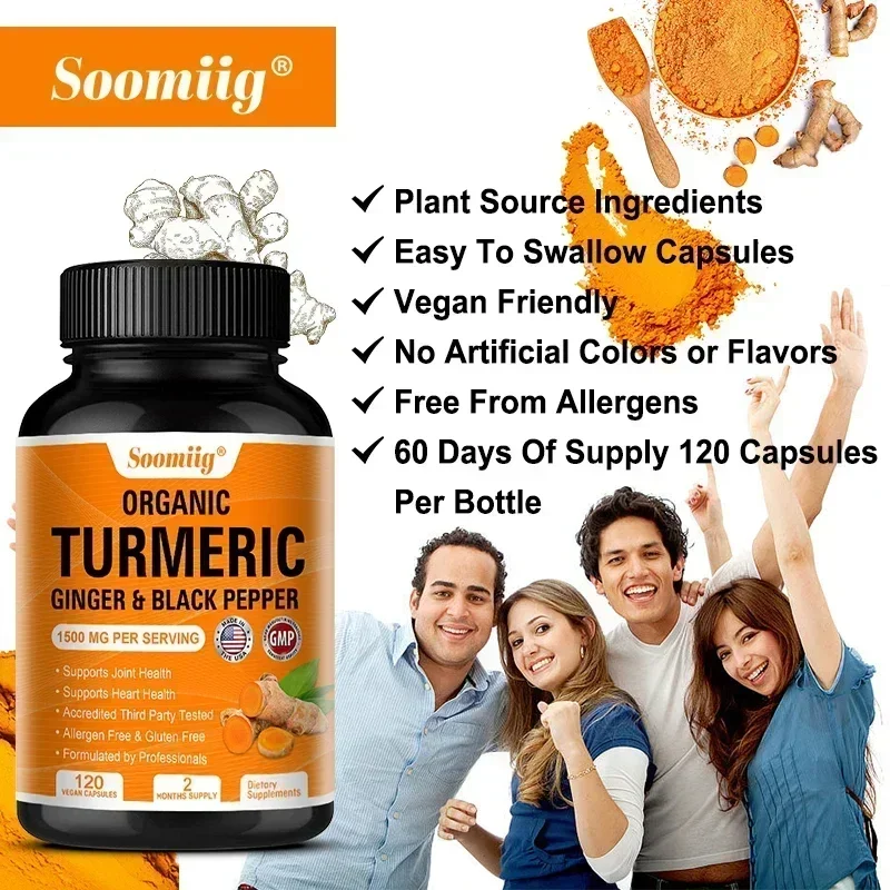 Organic Turmeric High Strength 1500 Mg | 120 Capsules with Black Pepper, Ginger and Active Curcumin Joints Heart Cognition