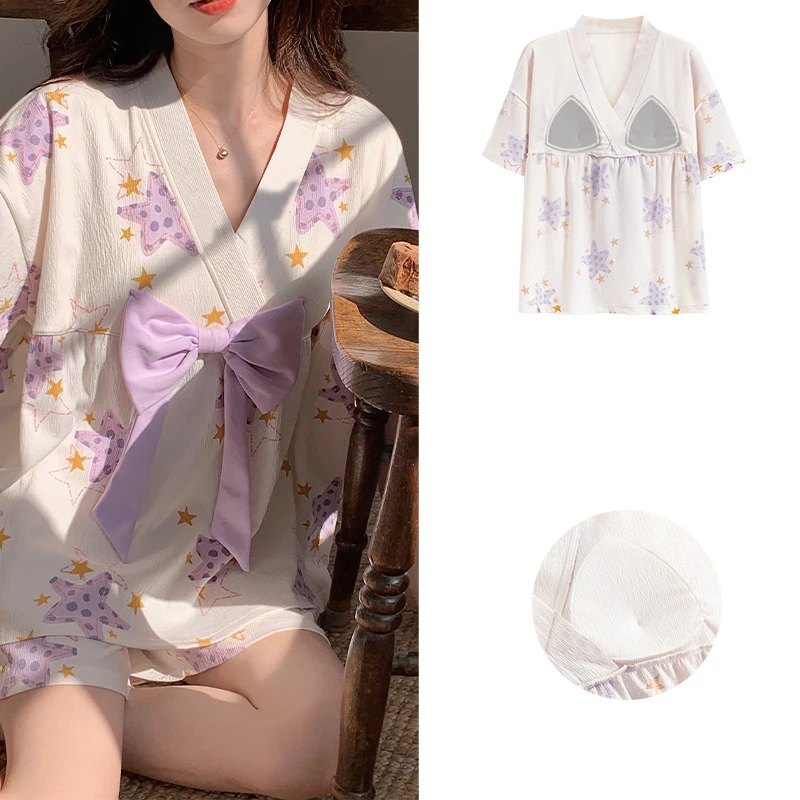 Spring New Women's Pajamas Set V Neck Pajamas Short Sleeve Shorts Cotton Thin Girl Wide Summer Season Song Home Furnishing