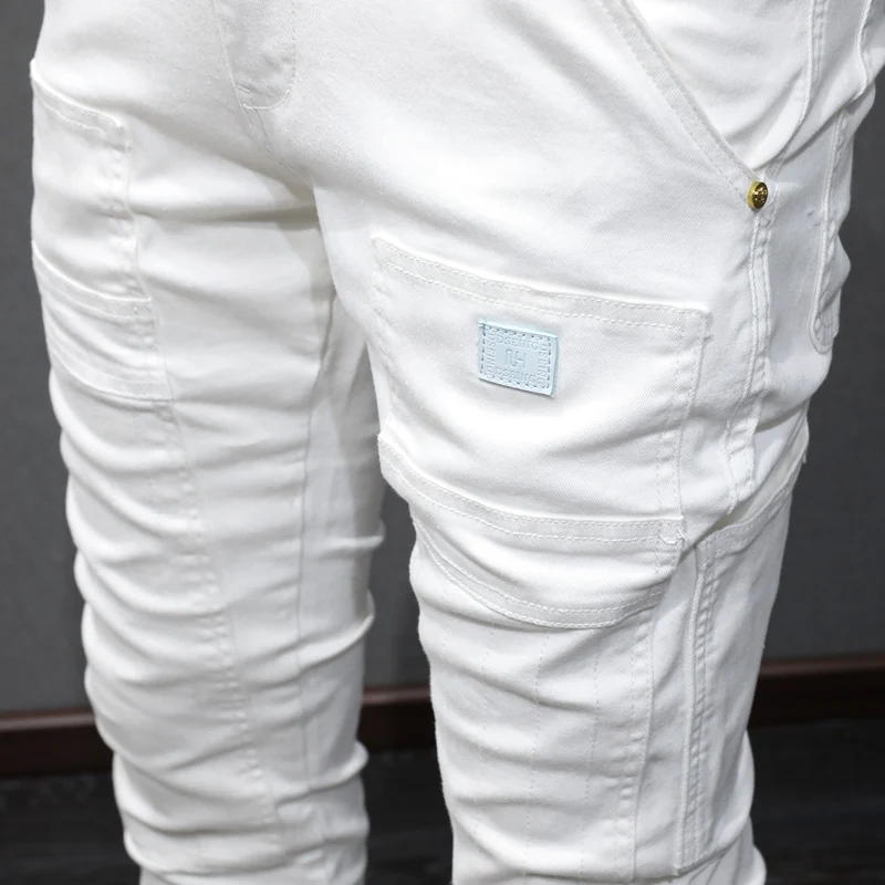 High Street Fashion Men Jeans White Elastic Stretch Skinny Jeans Men Multi Pockets Spliced Designer Hip Hop Denim Pants Hombre