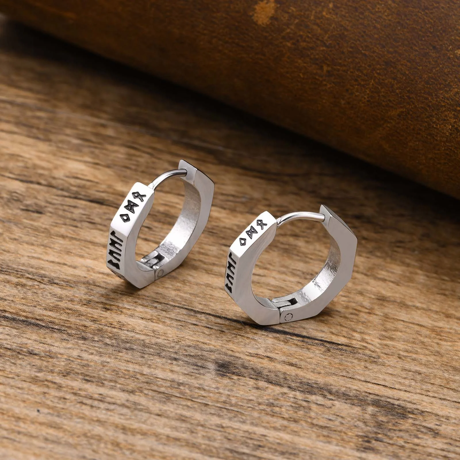 North Viking Hoop Earrings for men Stainless steel Octagon Runes Round Earrings Talisman Stylish Jewelry Viking Gifts for Male