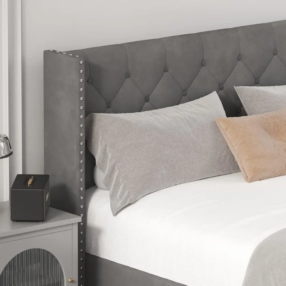 King Size Bed Frame with LED Lights, Wingback Diamond Tufted Headboard, Wood Slats Support, Upholstered Bed Frame 4