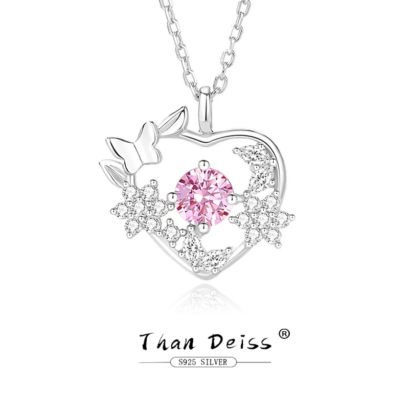 

New Flower Butterfly Dance 925 Sterling Silver Pink Heart Garland Necklace 45cm Choker Girls LOVE Charm Exquisite Design Jewelry