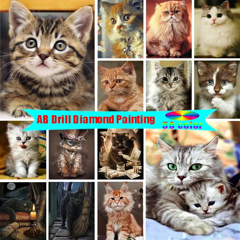

Алмазная живопись AB, 50 цветов, кот, круглая Алмазная вышивка из смолы, животное, мозаика, картина стразы, украшение для дома, подарок