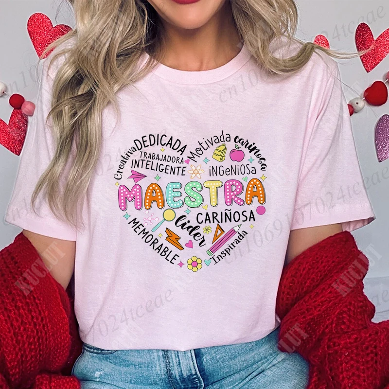 Spanish Maestra Women Girl T-shirt Casual Short Sleeve Round Neck Fashion Tee Shirt Teacher Comfy Tee Top Teacher Summer Clothes 4