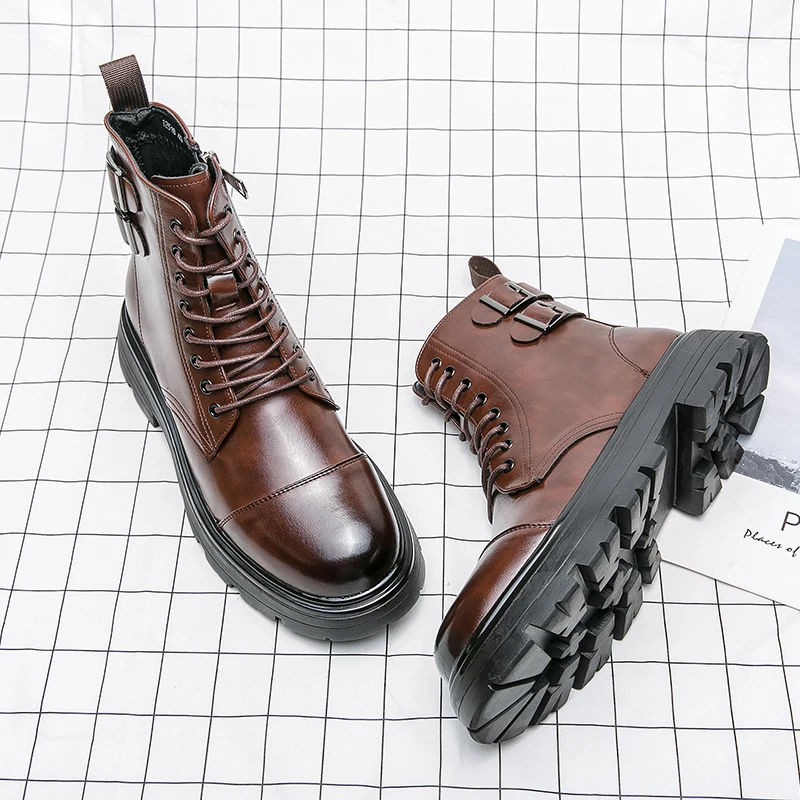 Men Boots Brown Zipper Ankle Boots Black Motorcycle Handmade Shoes for Men with Sapato Masculino