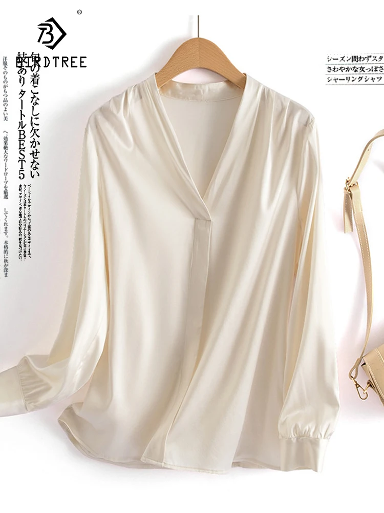

Birdtree 92% Silk 8% Spandex Blouse Women Solid V Neck Long Sleeve Pullover White Navy Shirts Elegant Casual Tops New T36743QC