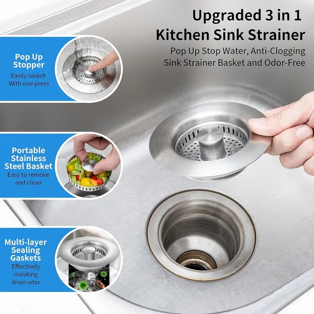 Kitchen Sink Drain Strainer Stainless Steel Pop Up Sink Stopper Anti-Clogging Sink Food Catcher Basket Odor Filter Sink Plug 2