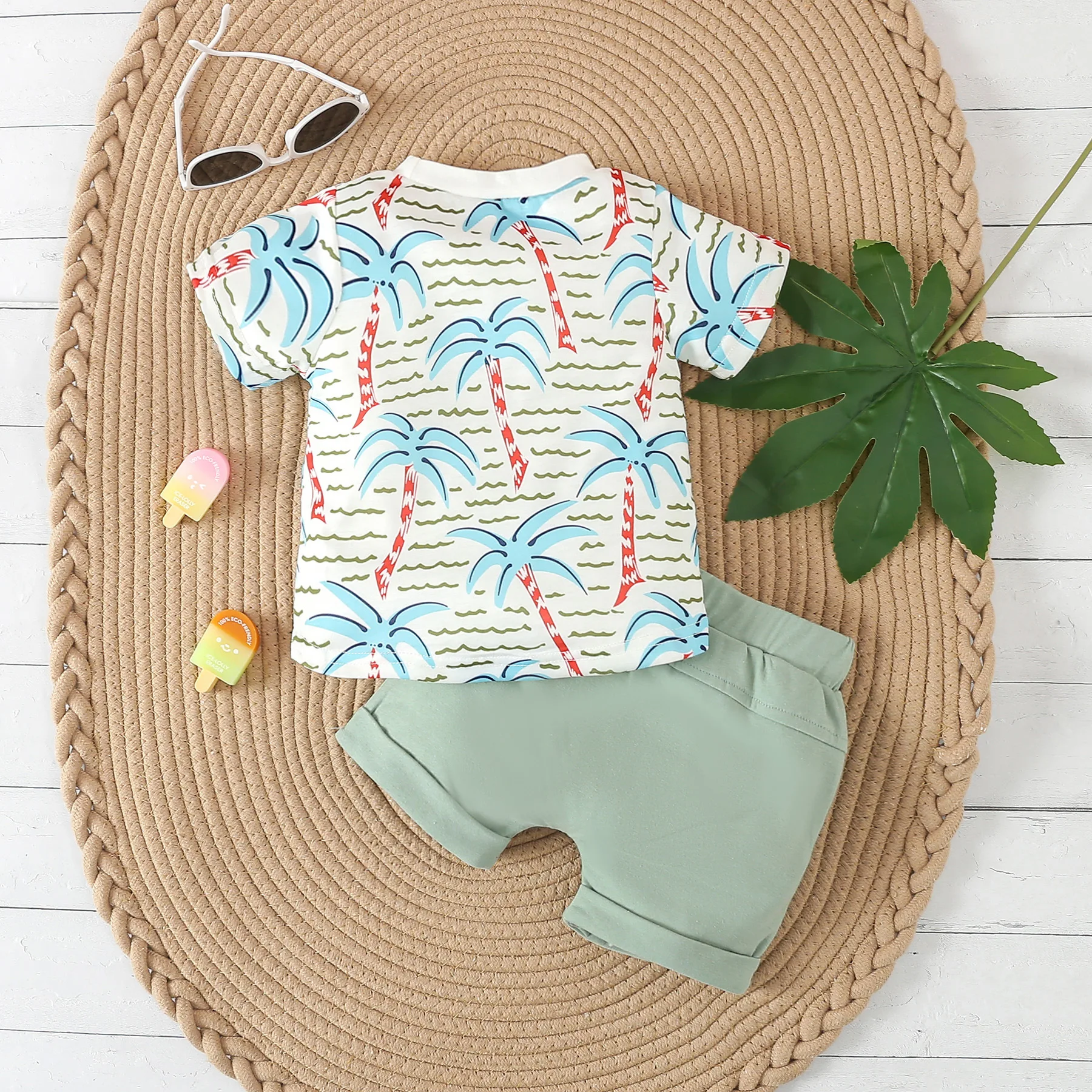 Summer Baby Boys Clothes Infant Short Sleeve Shirt and Shorts Set Round Neck Tree Print Tops+elastic Waist Shorts Outfits Suits