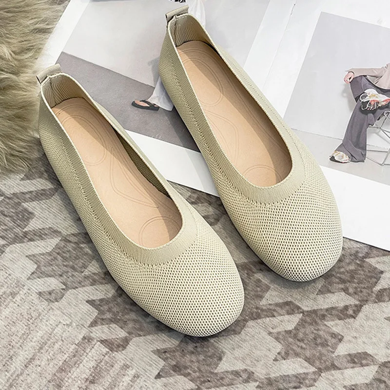 2022 Mesh Knit Flat Shoes Women Stretch Ballet Flats Spring Summer Breathable Shallow Casual Moccasins Loafers Black Dress Shoes 