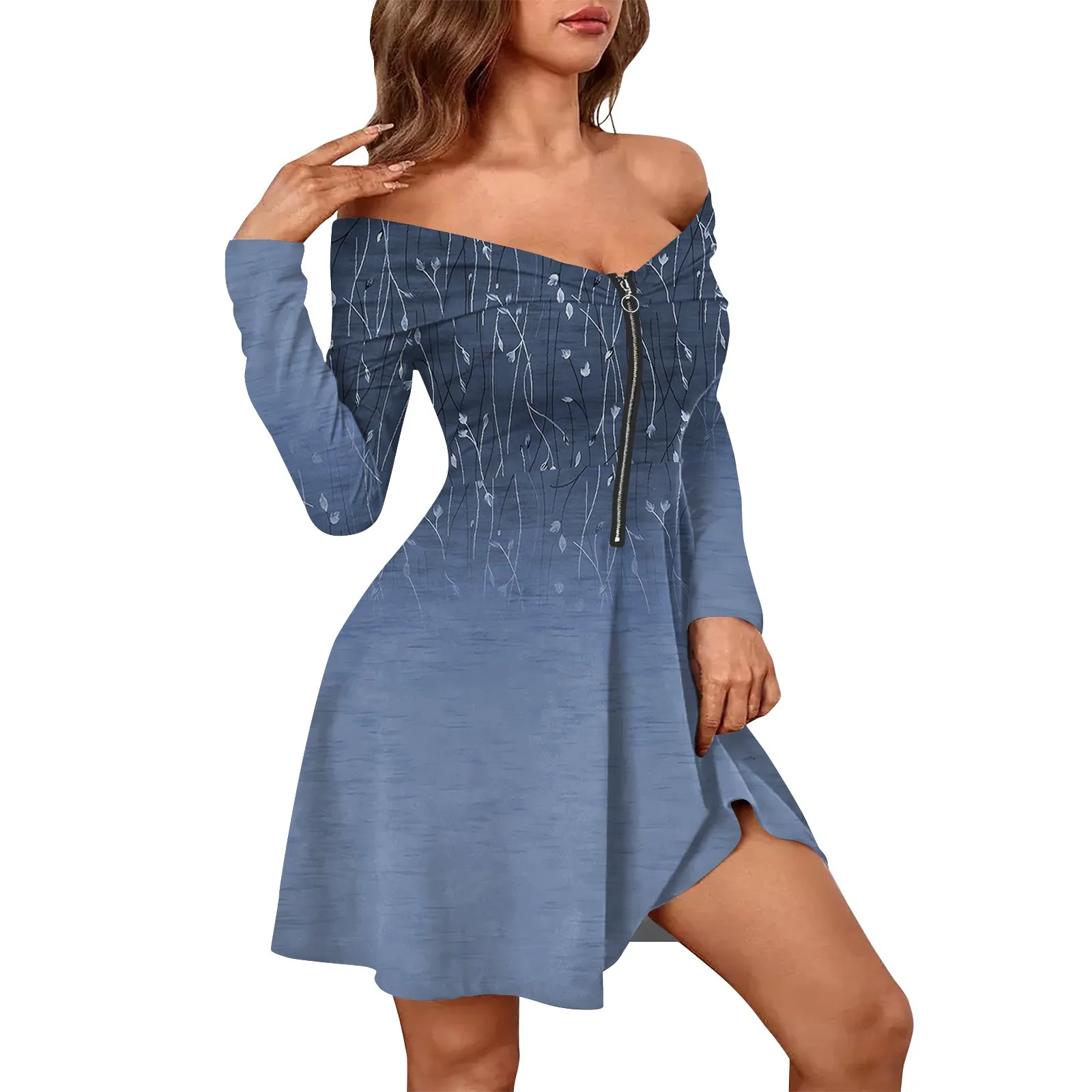 

2024 Women'S Casual Dresses Elegant Solid Short Dress Fashion Long Sleeve Floral Print Zipper Sexy Off-Shoulder Dresses 미니원피스