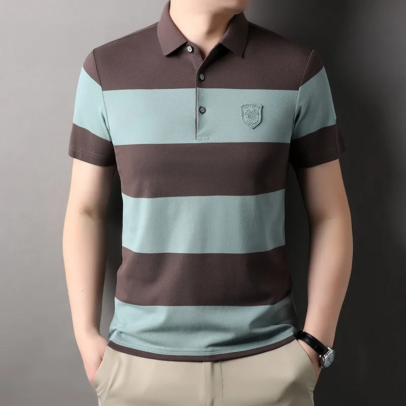 

2024 Summer Breathable Comfortable Polo Shirt for Men Short Sleeve Classic Stripes Fashion Lapel T-shirts Casual Social Tee Tops