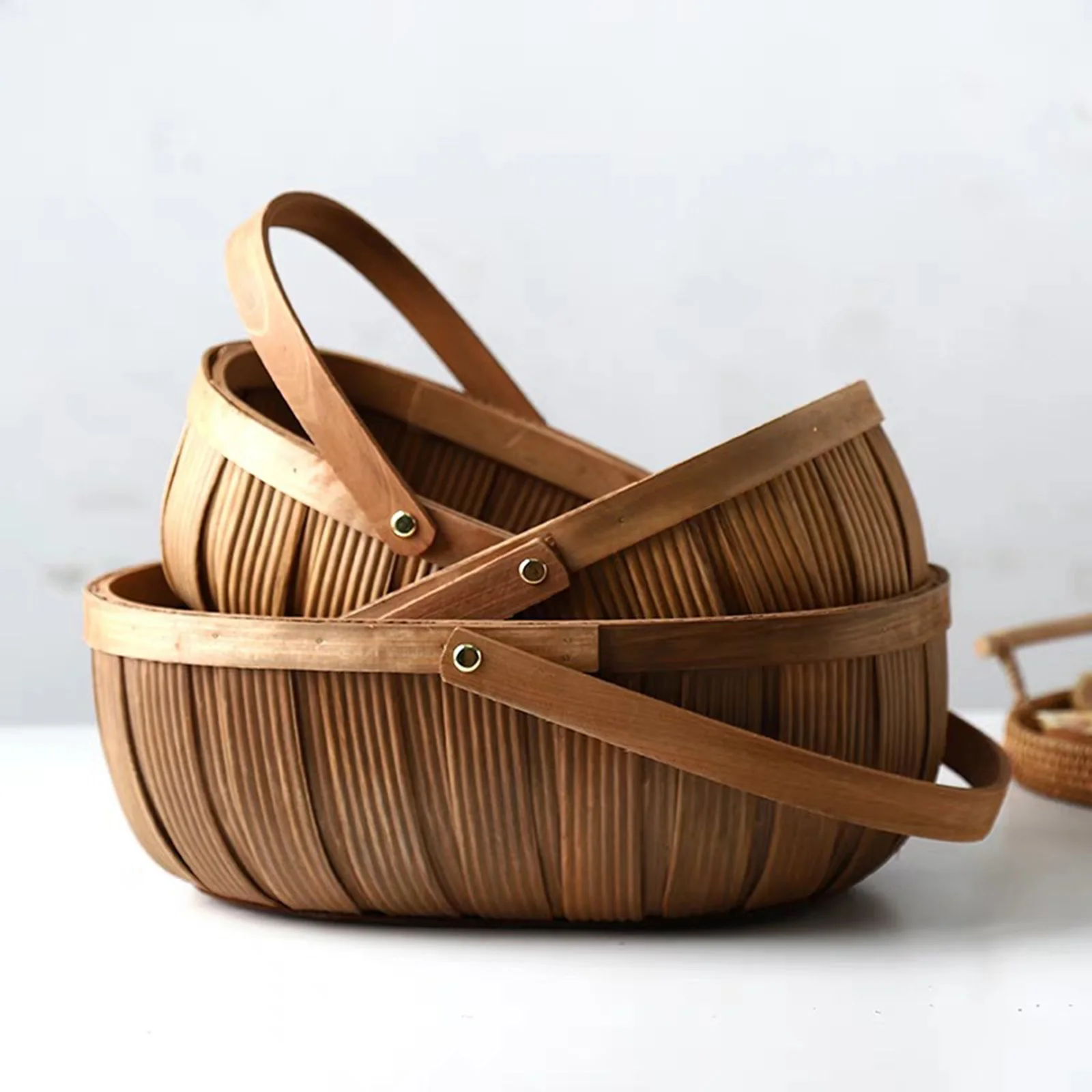 Wood Chip Picnic Basket with Handle Easter Basket Farmhouse Decor Vegetable Snack Basket for Foods or Small Sundries 3