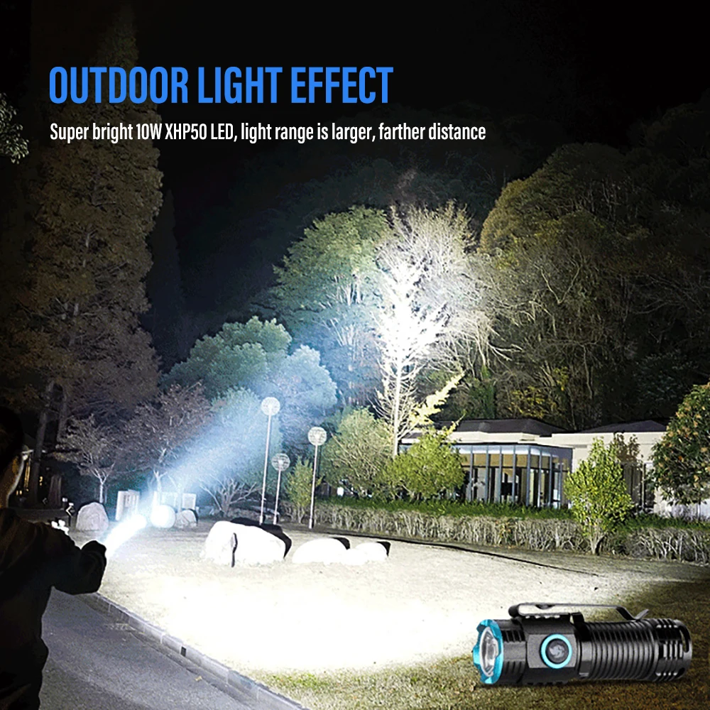 고출력 LED 손전등 미니 XHP50 캠핑 LED 토치, 테일 자석 캠핑 낚시 랜턴, USB 충전식 모자 클립 라이트