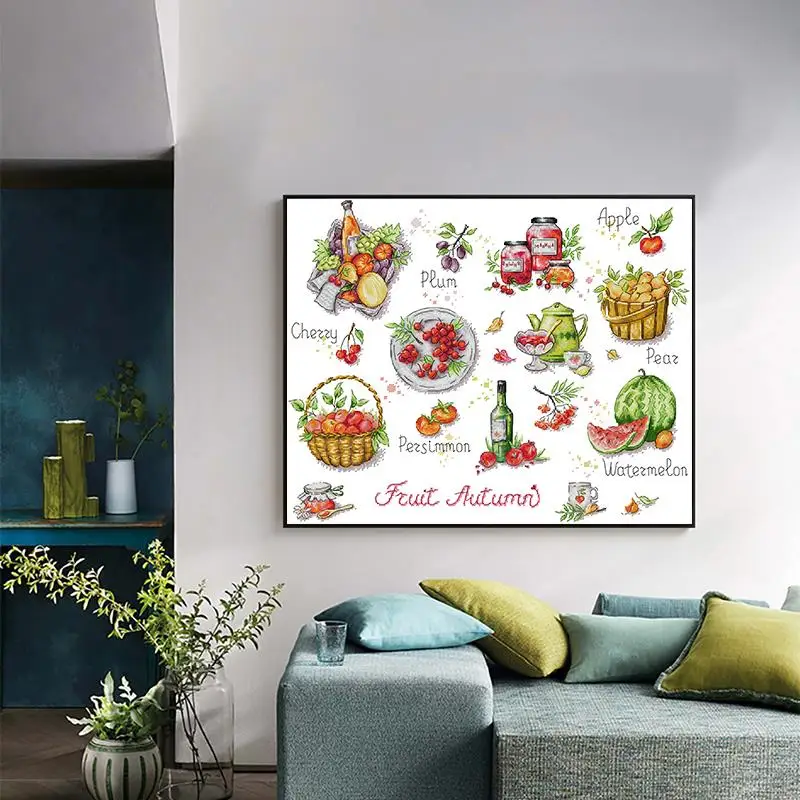 Autumn Fruits Still Life Pattern Cross Stitch Kits 14ct 16ct 11ct White Printed Canvas Embroidery DIY Dining Room Decor Crafts