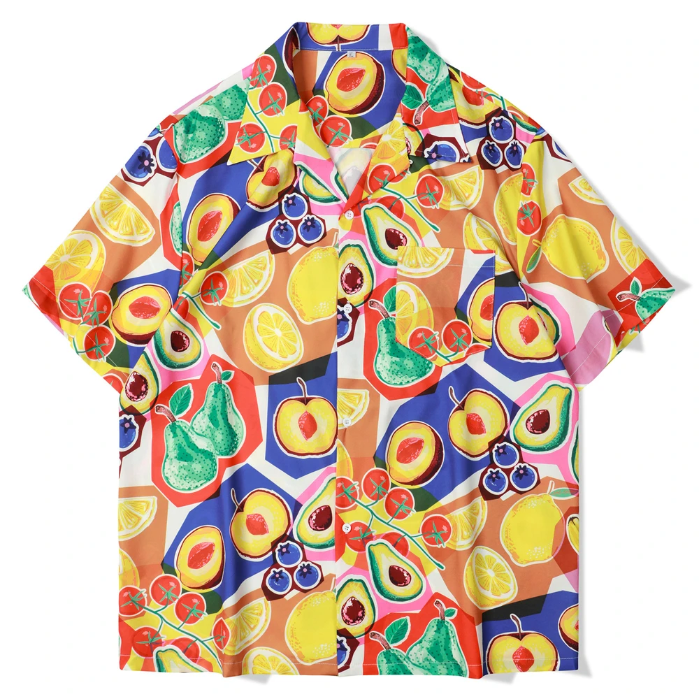 

Summer Fruit Print Tops Clothing Fashion Button Short Sleeve Shirts Men Casual Lapel Shirts